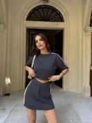 Osy Modal Yumuşak Dokulu Kumaş Parçalı Bisiklet Yaka T-shirt Mini Şortlu Etek İkili Takım - Füme resmi
